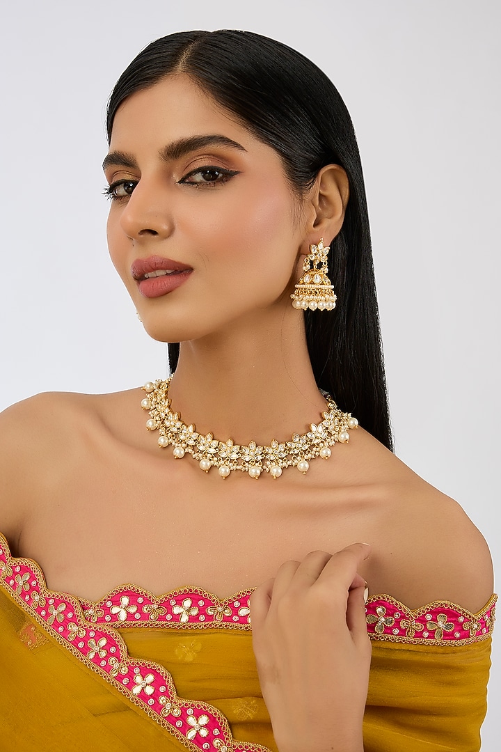 Gold Finish Kundan Polki & Pearl Necklace Set by Zevar By Geeta at Pernia's Pop Up Shop