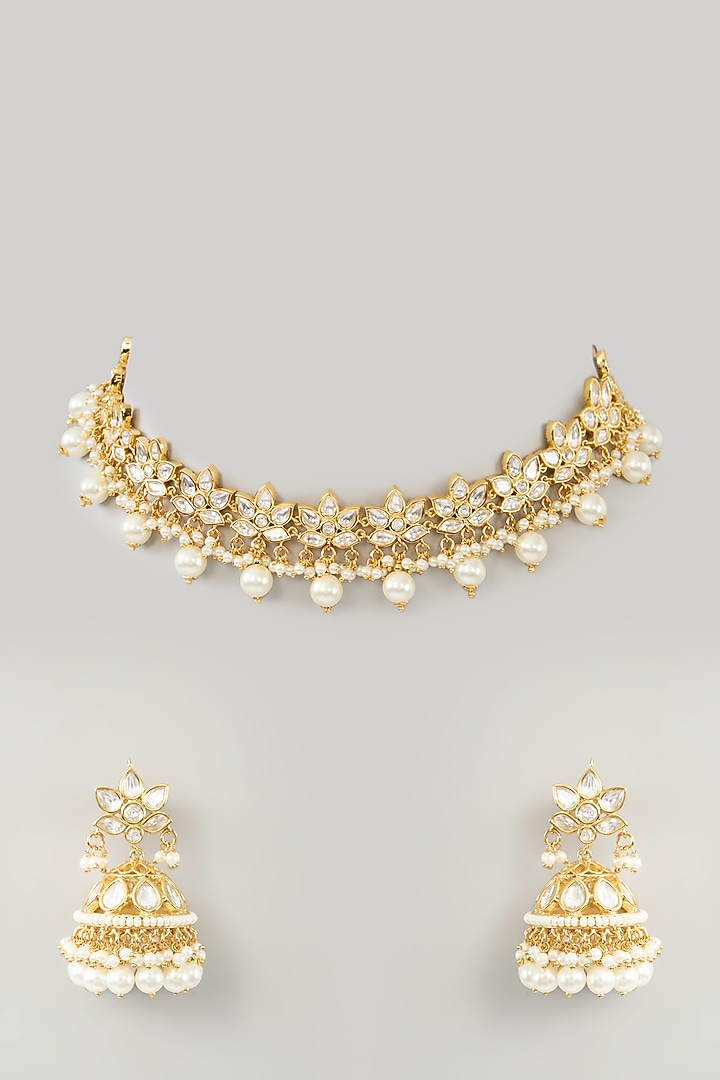 Gold Finish Kundan Polki & Pearl Necklace Set by Zevar By Geeta at Pernia's Pop Up Shop