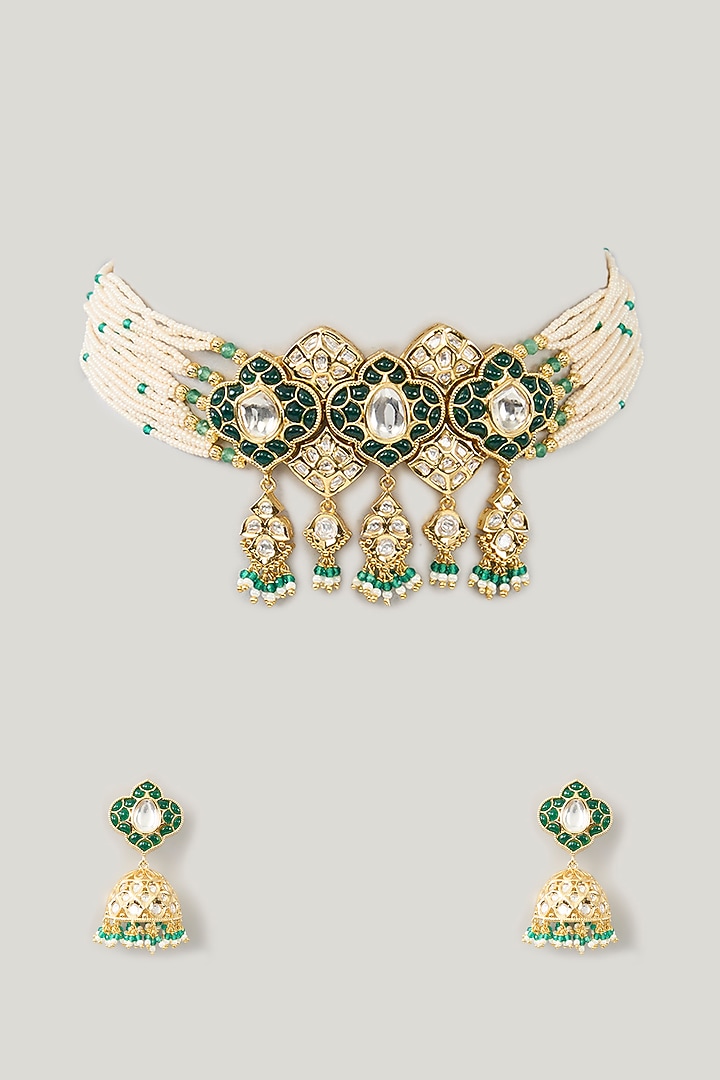 Gold Plated Kundan Polki & Pearl Choker Necklace Set by Zevar By Geeta at Pernia's Pop Up Shop