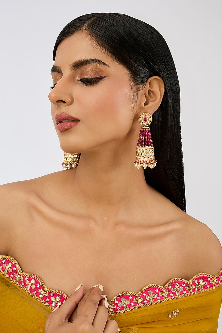 Gold Plated Kundan Polki & Deep Red Pearl Jhumka Earrings by Zevar By Geeta at Pernia's Pop Up Shop
