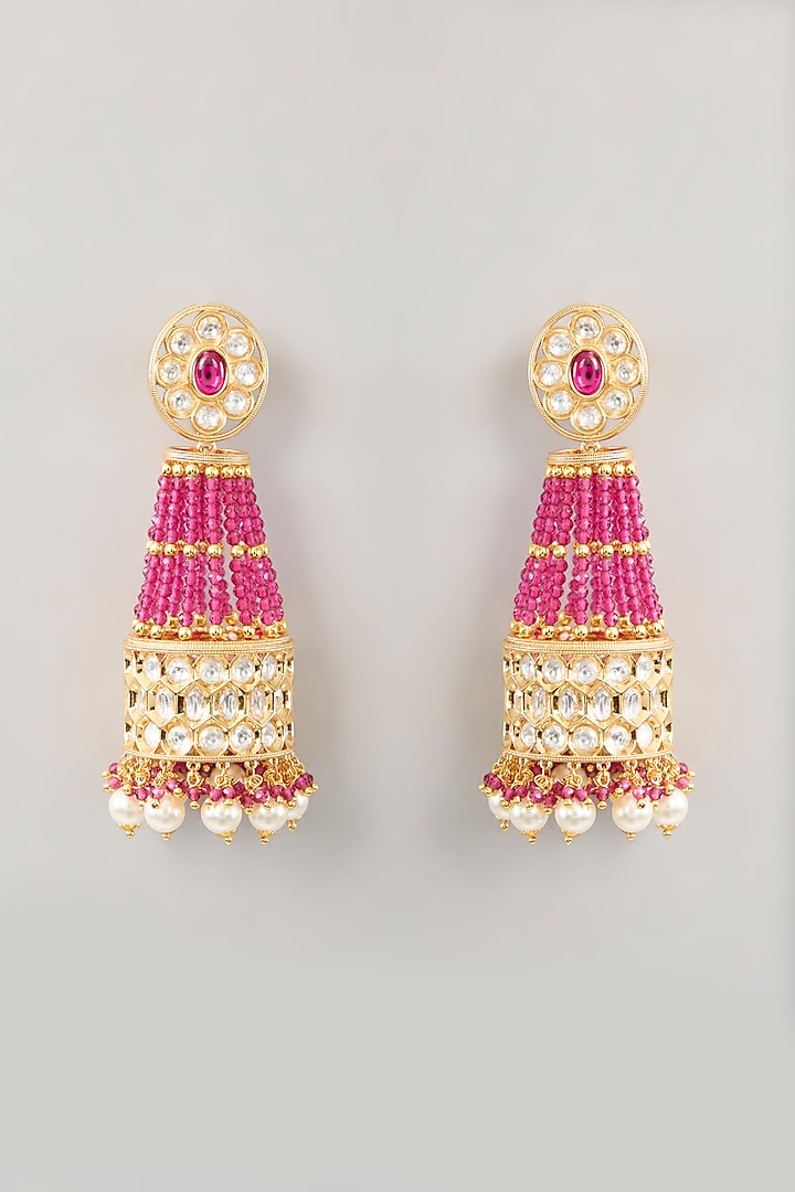 Gold Plated Kundan Polki & Deep Red Pearl Jhumka Earrings by Zevar By Geeta at Pernia's Pop Up Shop