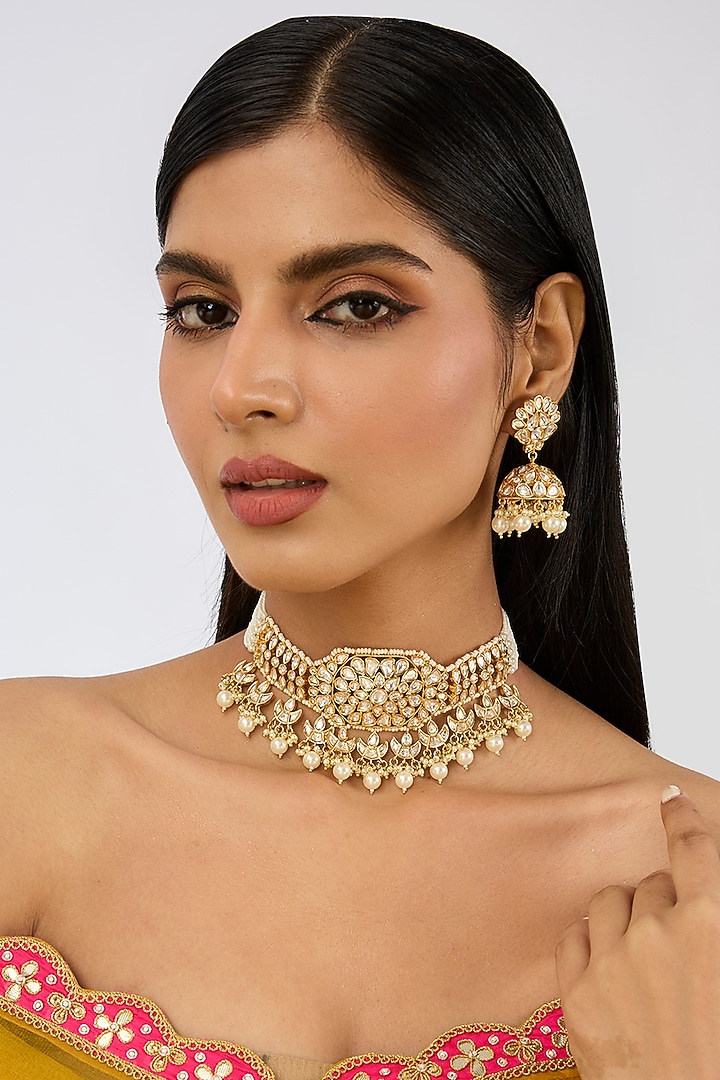 Gold Plated Kundan Polki & Pearl Choker Necklace Set by Zevar By Geeta at Pernia's Pop Up Shop