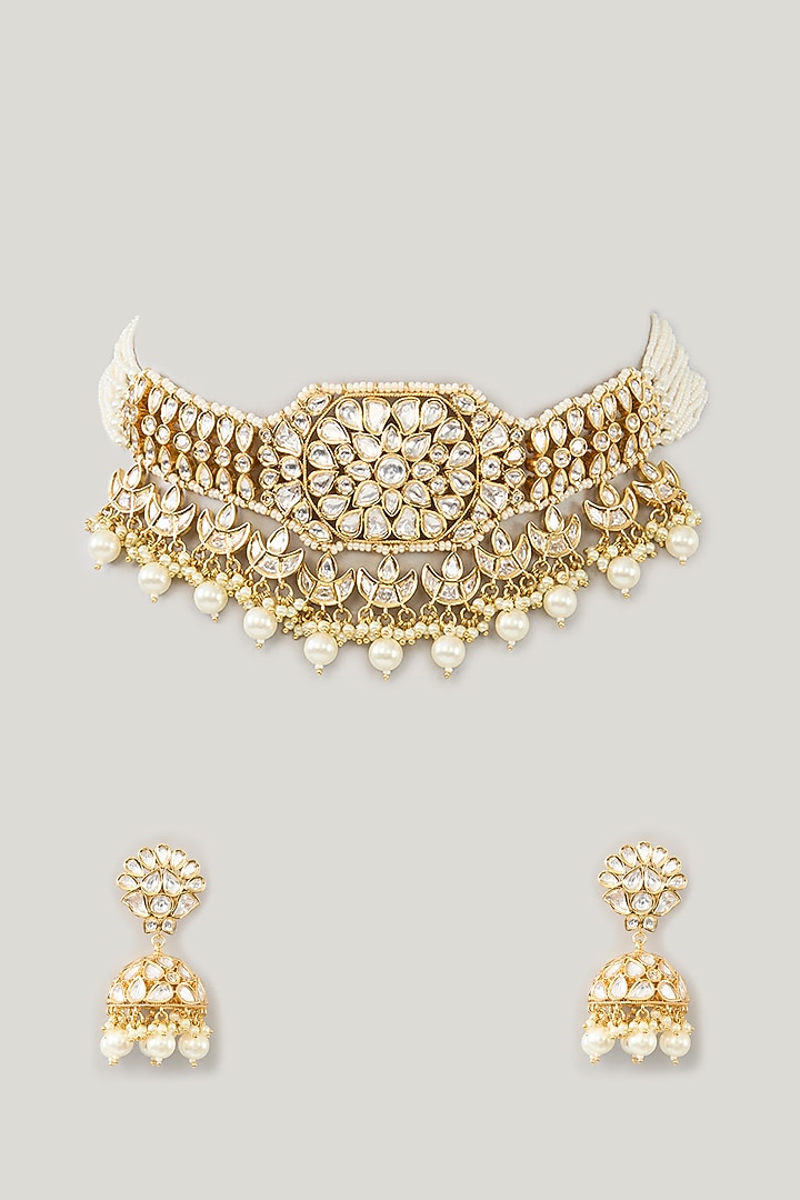 Gold Plated Kundan Polki & Pearl Choker Necklace Set by Zevar By Geeta at Pernia's Pop Up Shop