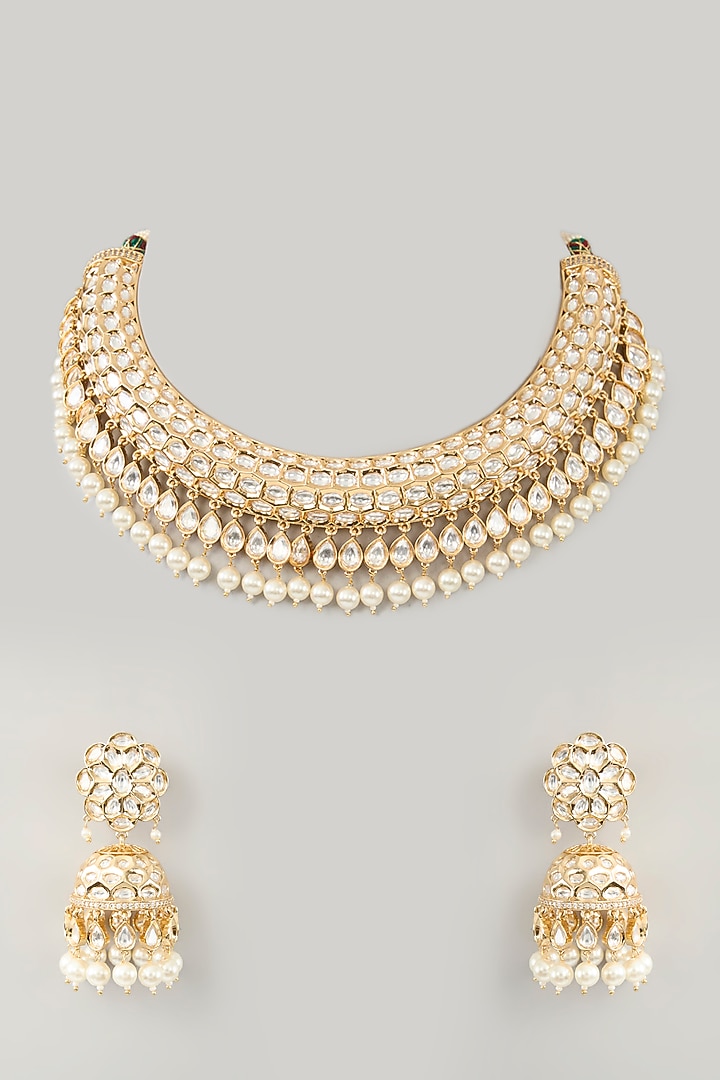 Gold Finish Kundan Polki Choker Necklace Set by Zevar By Geeta at Pernia's Pop Up Shop