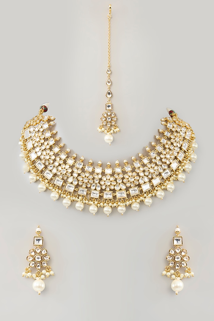 Gold Finish Kundan Polki & Pearl Drop Necklace Set by Zevar By Geeta at Pernia's Pop Up Shop