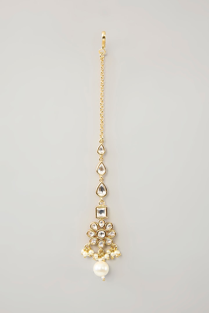Gold Finish Kundan Polki & Pearl Drop Necklace Set by Zevar By Geeta at Pernia's Pop Up Shop