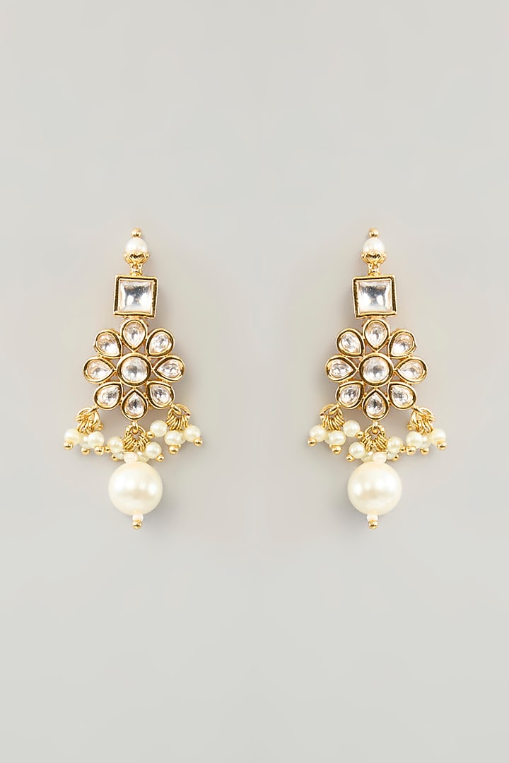 Gold Finish Kundan Polki & Pearl Drop Necklace Set by Zevar By Geeta at Pernia's Pop Up Shop