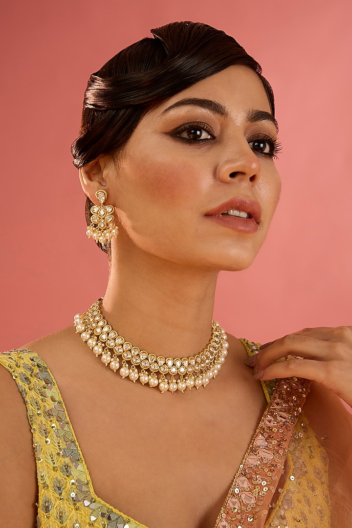 Gold Finish Kundan Polki & Pearl Choker Necklace Set by Zevar By Geeta at Pernia's Pop Up Shop