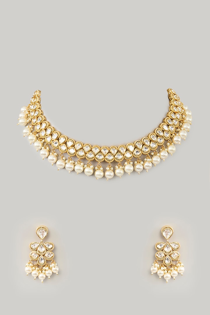 Gold Finish Kundan Polki & Pearl Choker Necklace Set by Zevar By Geeta at Pernia's Pop Up Shop