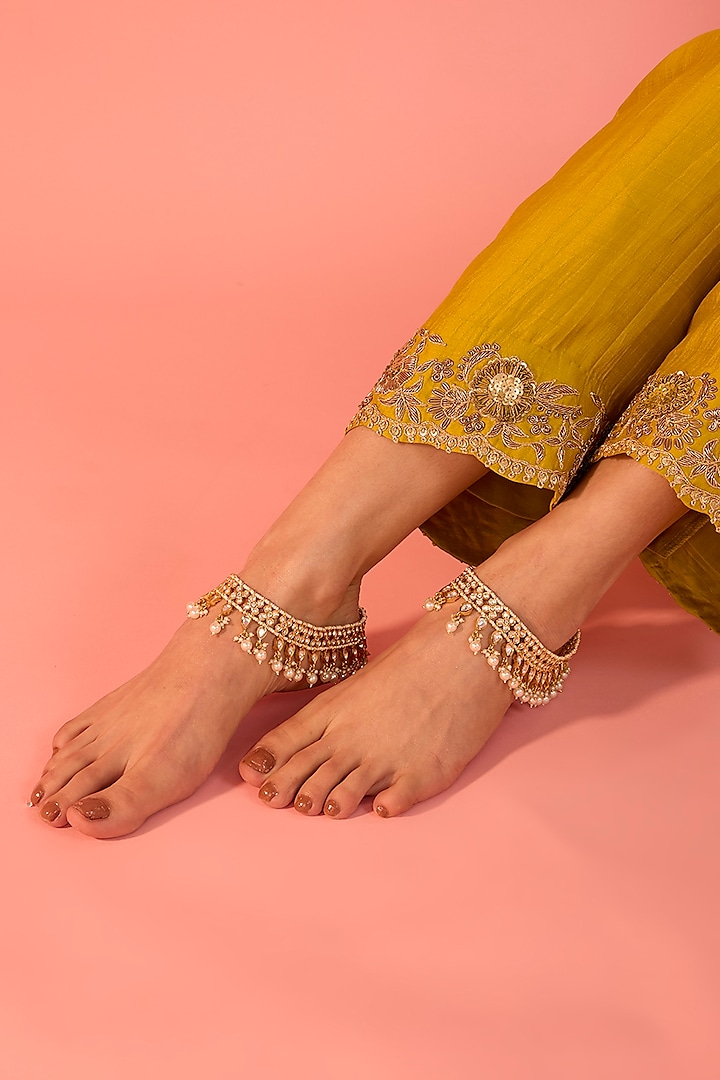 Gold Finish Kundan Polki & Pearl Drop Anklets by Zevar By Geeta at Pernia's Pop Up Shop