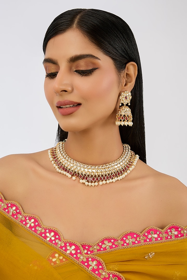 Gold Finish Kundan Polki & Red Stone Necklace Set by Zevar By Geeta at Pernia's Pop Up Shop