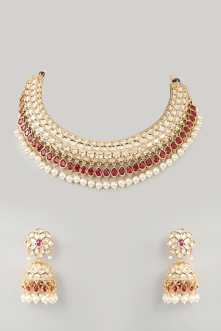 Gold Finish Kundan Polki & Red Stone Necklace Set by Zevar By Geeta at Pernia's Pop Up Shop
