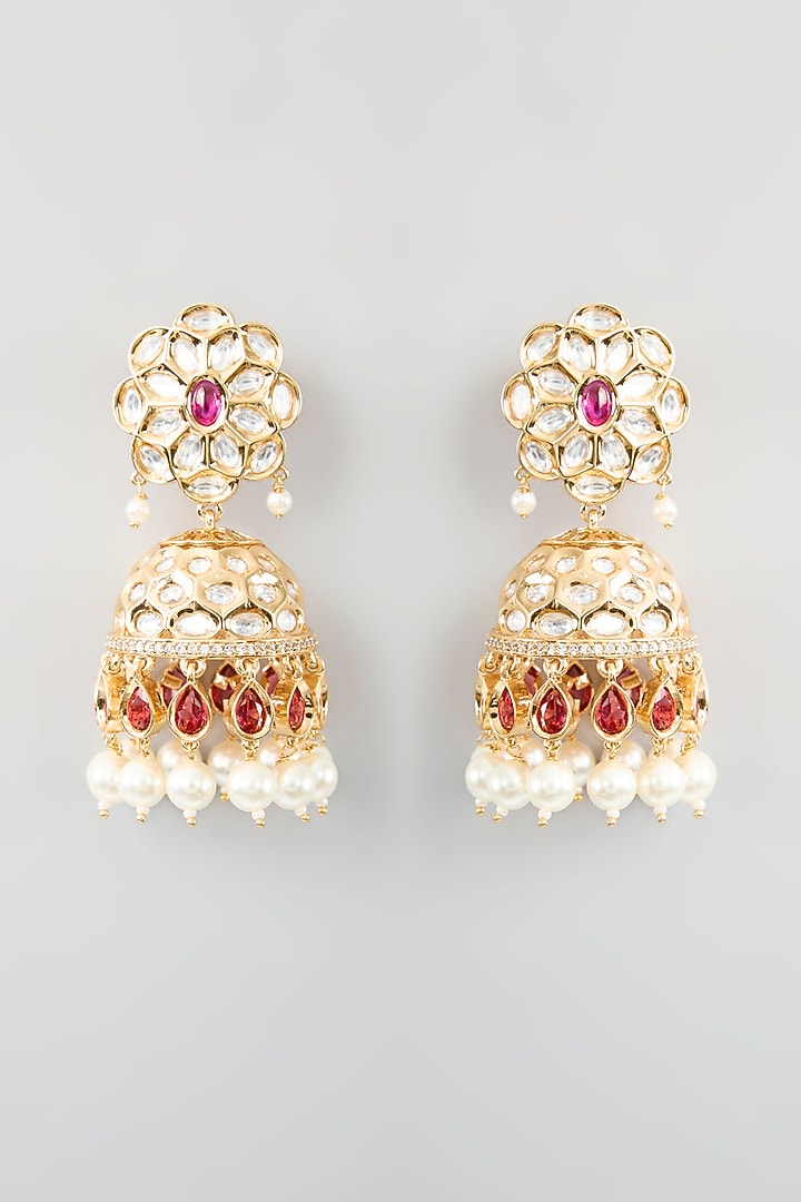 Gold Finish Kundan Polki & Red Stone Necklace Set by Zevar By Geeta at Pernia's Pop Up Shop