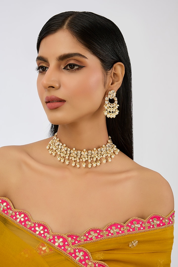 Gold Finish Kundan Polki & Pearl Choker Necklace Set by Zevar By Geeta at Pernia's Pop Up Shop