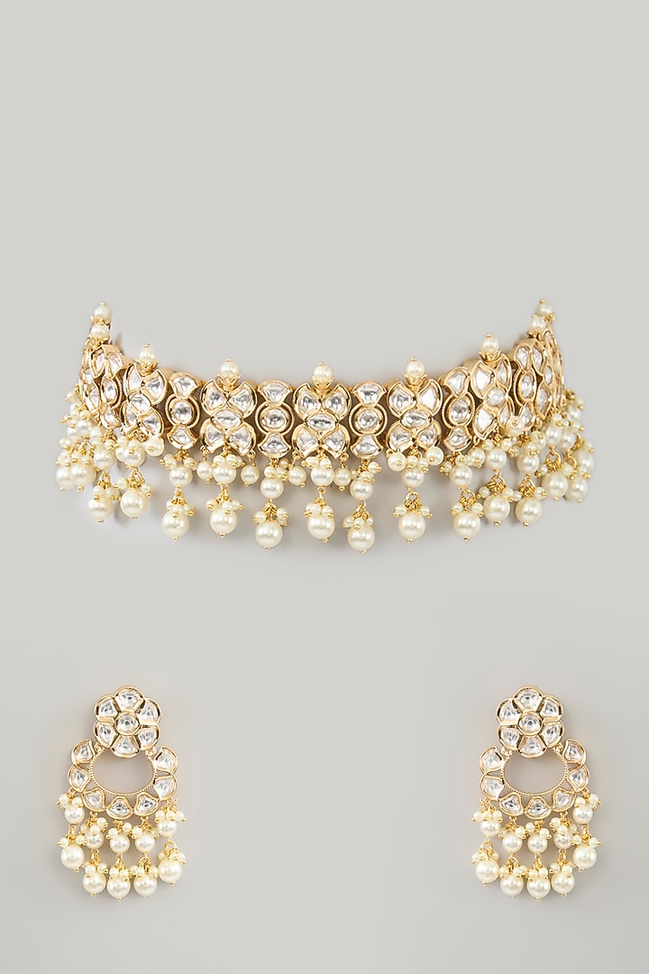 Gold Finish Kundan Polki & Pearl Choker Necklace Set by Zevar By Geeta at Pernia's Pop Up Shop