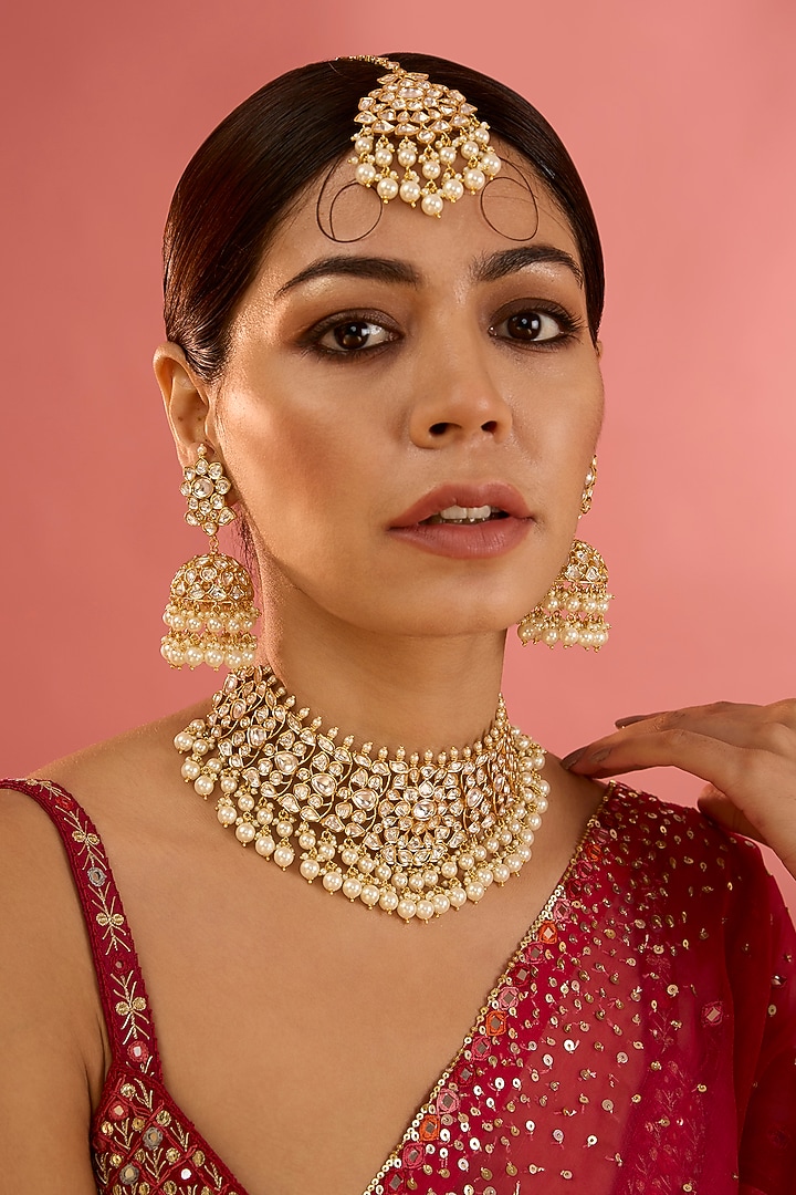 Gold Finish Kundan Polki & Pearl Drop Necklace Set by Zevar By Geeta at Pernia's Pop Up Shop