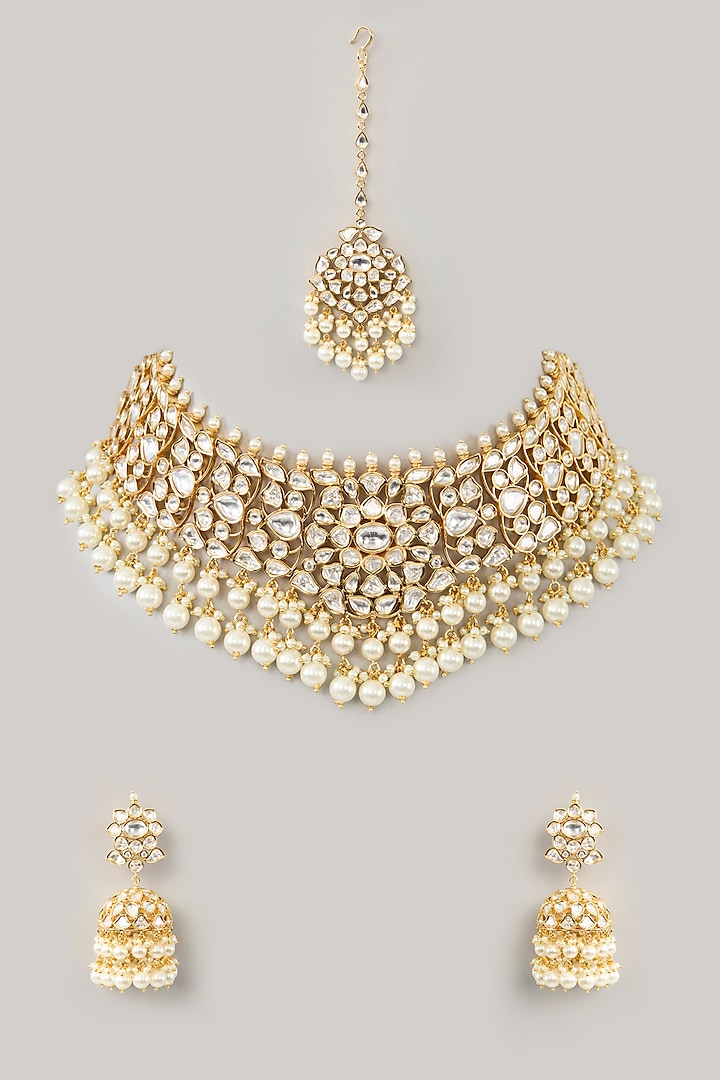 Gold Finish Kundan Polki & Pearl Drop Necklace Set by Zevar By Geeta at Pernia's Pop Up Shop