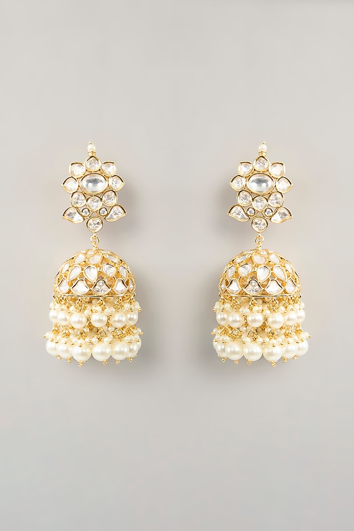 Gold Finish Kundan Polki & Pearl Drop Necklace Set by Zevar By Geeta at Pernia's Pop Up Shop