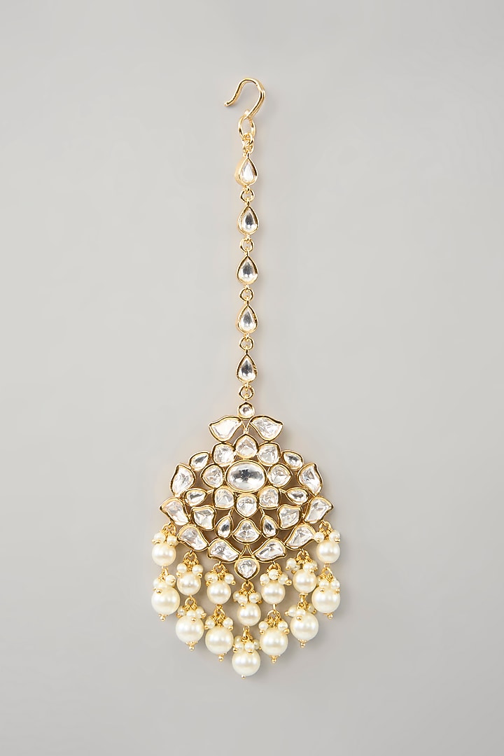 Gold Finish Kundan Polki & Pearl Drop Necklace Set by Zevar By Geeta at Pernia's Pop Up Shop