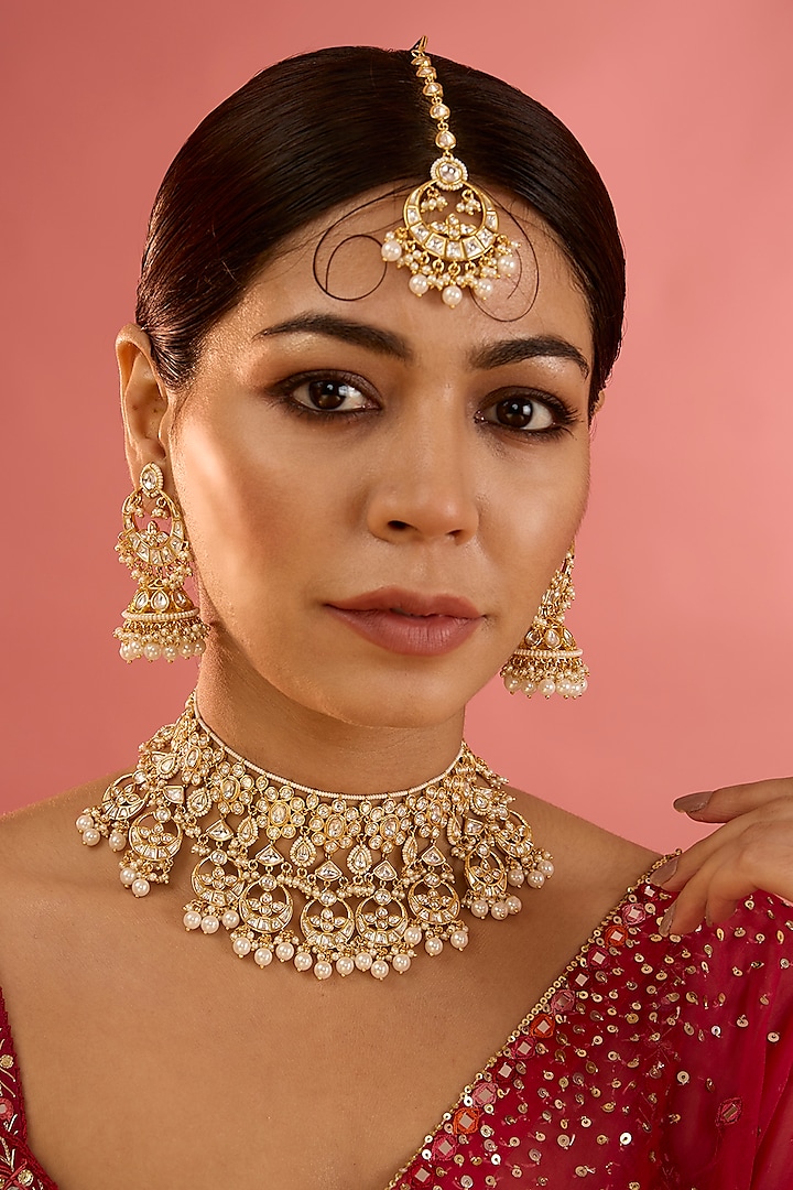 Gold Finish Kundan Polki & Pearl Drop Necklace Set by Zevar By Geeta at Pernia's Pop Up Shop