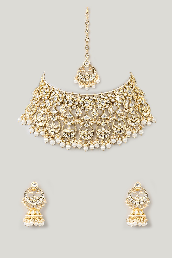 Gold Finish Kundan Polki & Pearl Drop Necklace Set by Zevar By Geeta at Pernia's Pop Up Shop