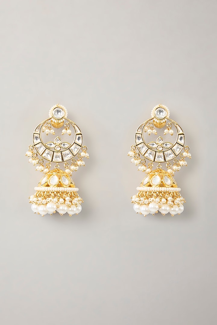 Gold Finish Kundan Polki & Pearl Drop Necklace Set by Zevar By Geeta at Pernia's Pop Up Shop