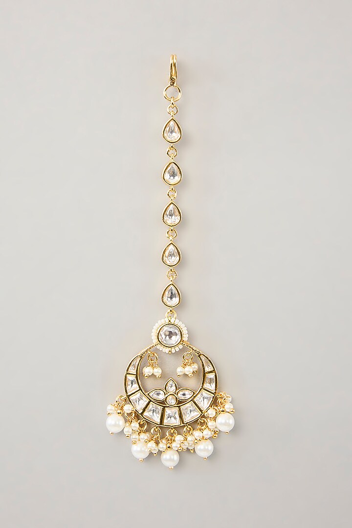 Gold Finish Kundan Polki & Pearl Drop Necklace Set by Zevar By Geeta at Pernia's Pop Up Shop