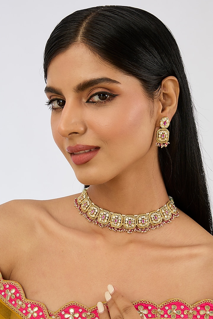 Gold Plated Kundan Polki & Pink Stone Choker Necklace Set by Zevar By Geeta at Pernia's Pop Up Shop