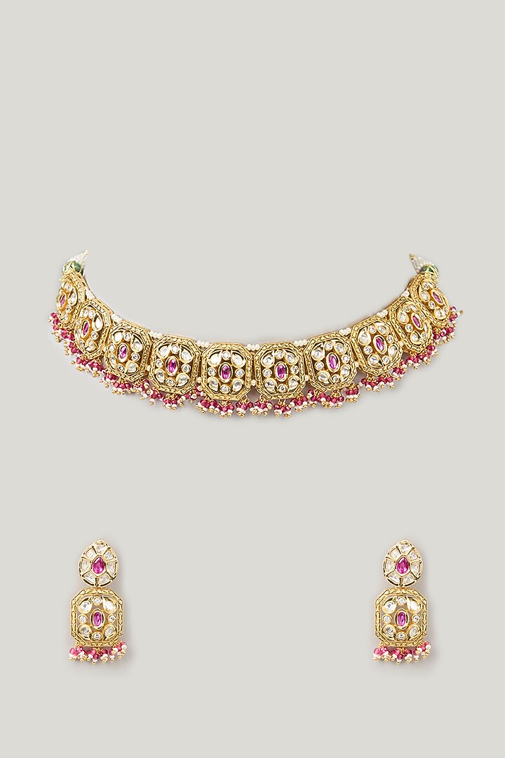 Gold Plated Kundan Polki & Pink Stone Choker Necklace Set by Zevar By Geeta at Pernia's Pop Up Shop