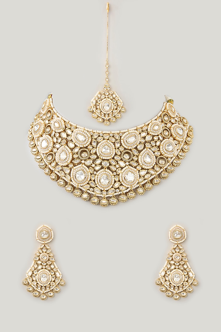 Gold Finish Kundan Polki Necklace Set by Zevar By Geeta at Pernia's Pop Up Shop