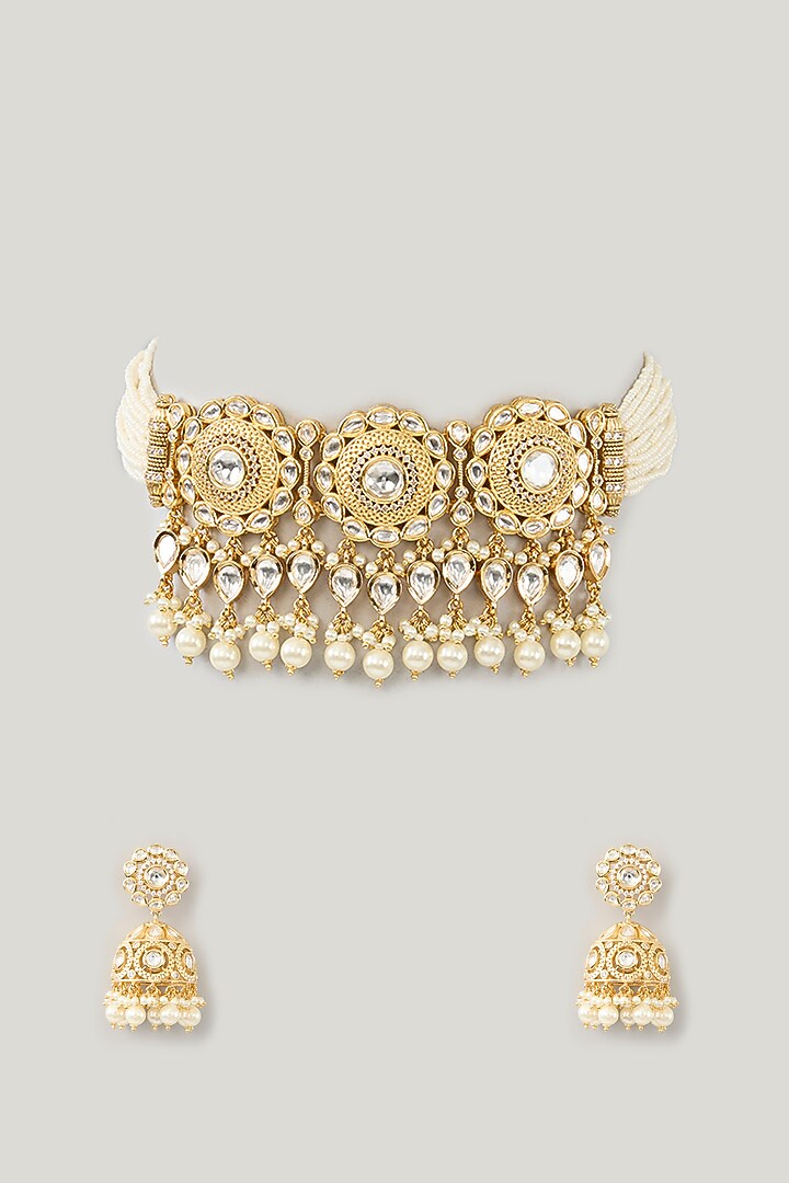 Gold Plated Kundan Polki & Pearl Choker Necklace Set by Zevar By Geeta at Pernia's Pop Up Shop