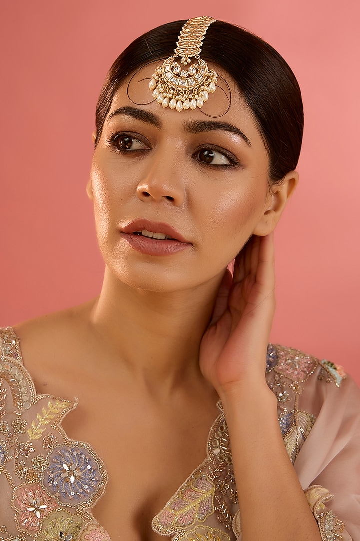 Gold Finish Kundan Polki & Pearl Maangtikka by Zevar By Geeta at Pernia's Pop Up Shop