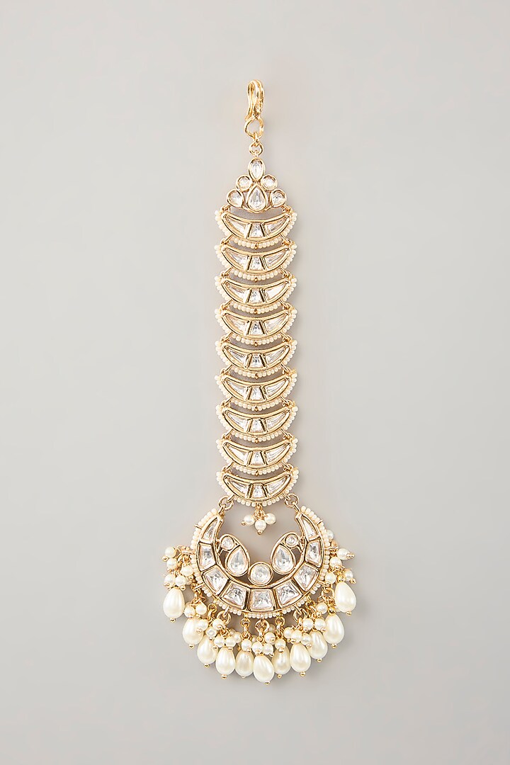 Gold Finish Kundan Polki & Pearl Maangtikka by Zevar By Geeta at Pernia's Pop Up Shop