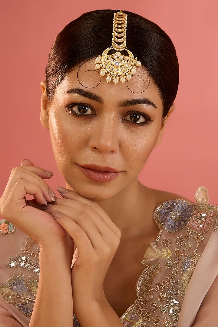 Gold Finish Kundan Polki & Pearl Maangtikka by Zevar By Geeta at Pernia's Pop Up Shop