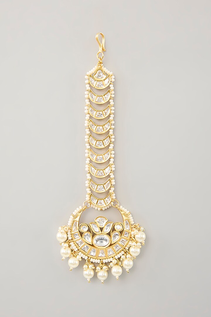 Gold Finish Kundan Polki & Pearl Maangtikka by Zevar By Geeta at Pernia's Pop Up Shop