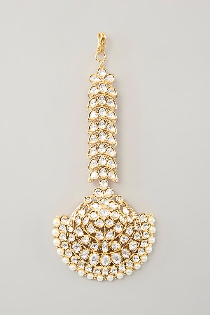 Gold Finish Kundan Polki & Pearl Maangtikka by Zevar By Geeta at Pernia's Pop Up Shop