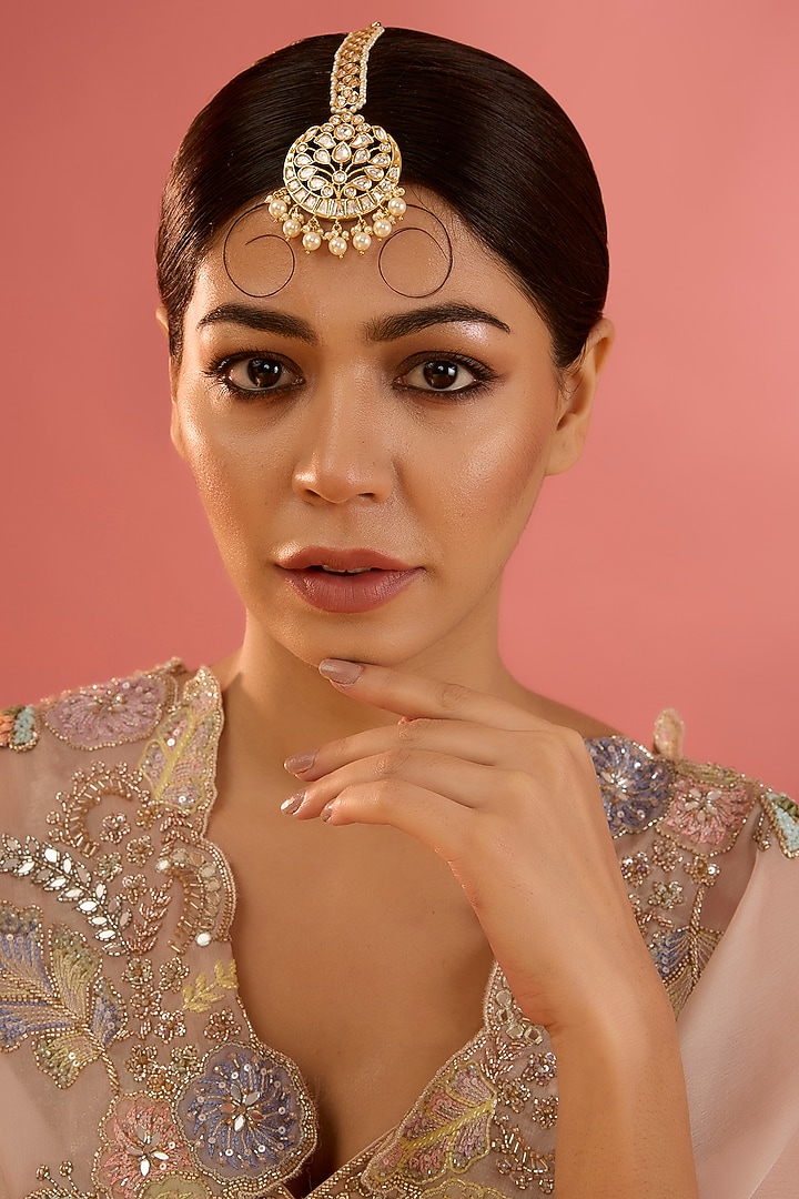 Gold Finish Kundan Polki & Pearl Maangtikka by Zevar By Geeta at Pernia's Pop Up Shop