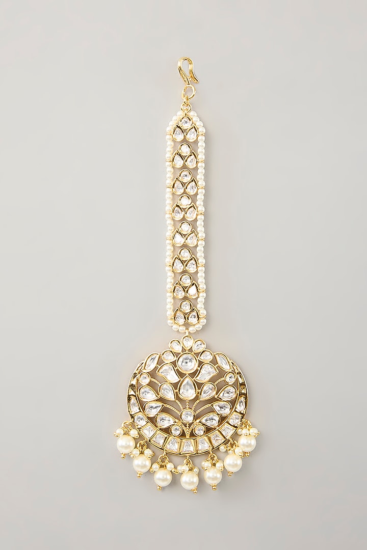 Gold Finish Kundan Polki & Pearl Maangtikka by Zevar By Geeta at Pernia's Pop Up Shop