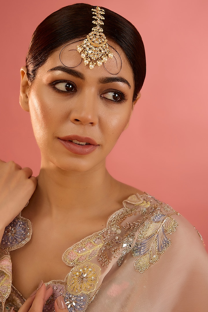 Gold Finish Kundan Polki & Pearl Maangtikka by Zevar By Geeta at Pernia's Pop Up Shop