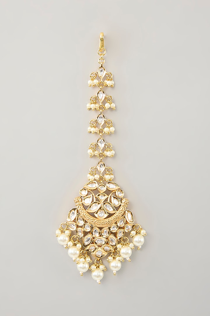 Gold Finish Kundan Polki & Pearl Maangtikka by Zevar By Geeta at Pernia's Pop Up Shop