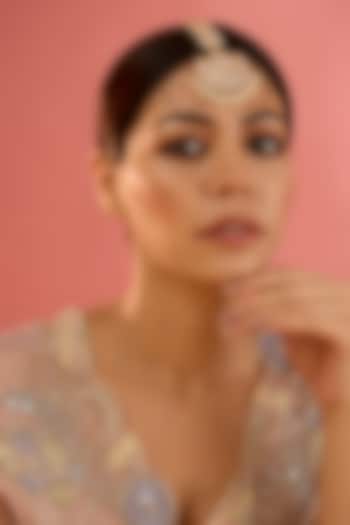 Gold Finish Kundan Polki & Pearl Maangtikka by Zevar By Geeta at Pernia's Pop Up Shop