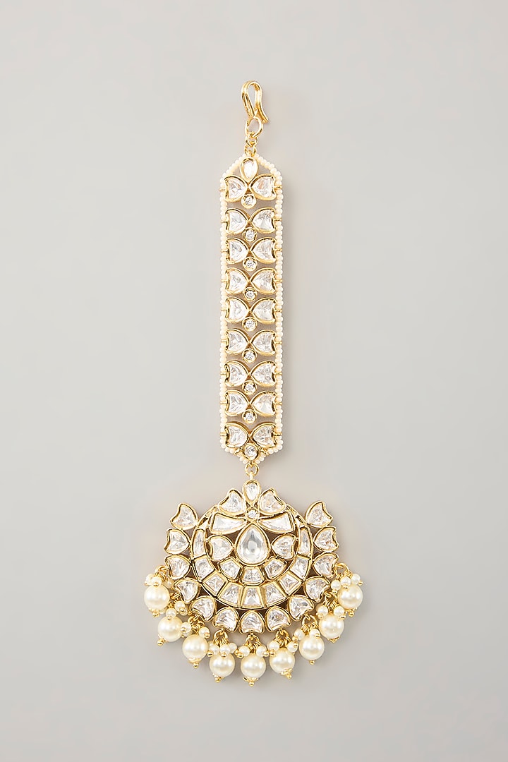 Gold Finish Kundan Polki & Pearl Maangtikka by Zevar By Geeta at Pernia's Pop Up Shop