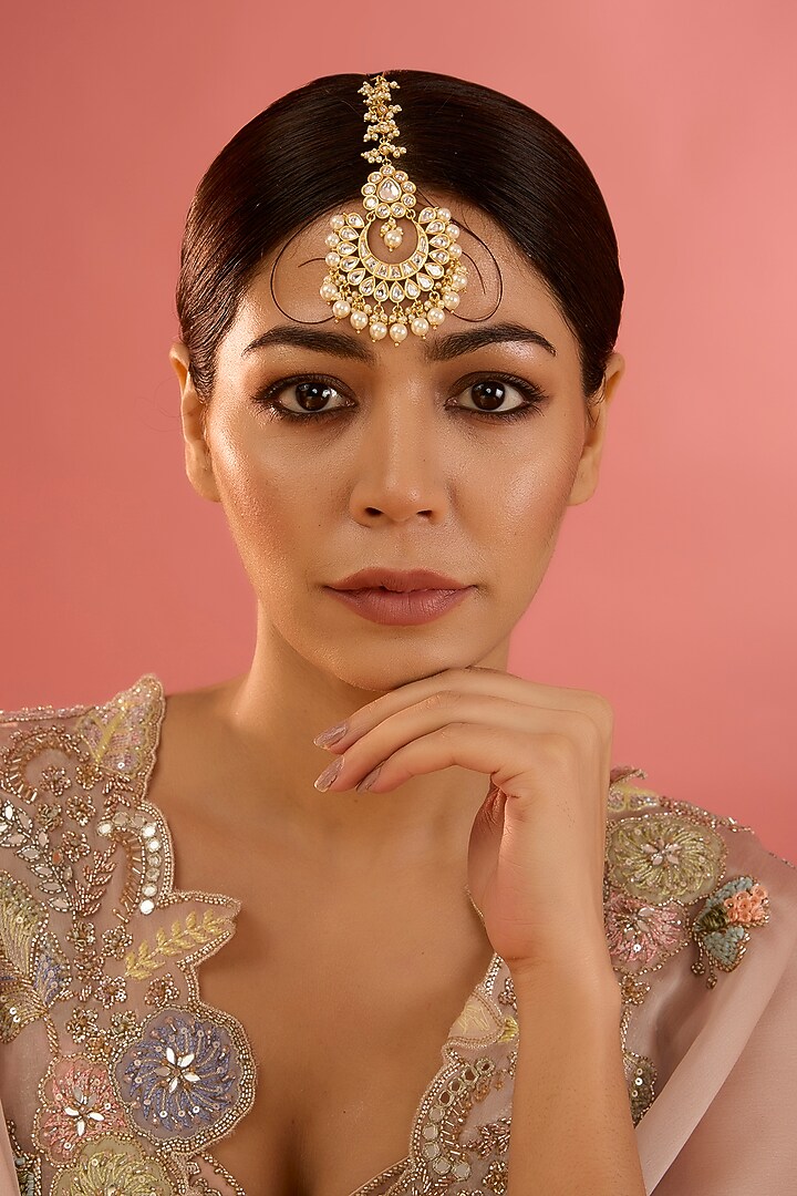 Gold Finish Kundan Polki & Pearl Maangtikka by Zevar By Geeta at Pernia's Pop Up Shop