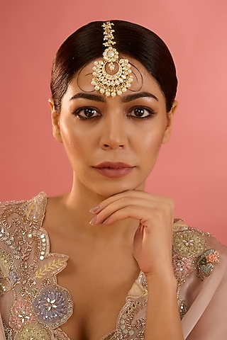 Gold Finish Kundan Polki & Pearl Maangtikka by Zevar By Geeta