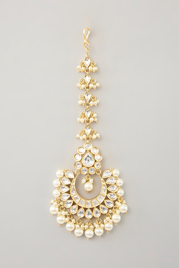 Gold Finish Kundan Polki & Pearl Maangtikka by Zevar By Geeta at Pernia's Pop Up Shop