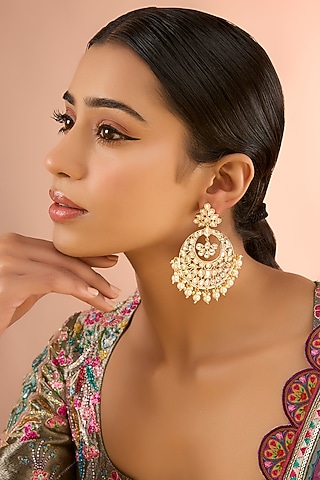 Gold Finish Kundan Polki Chandbali Earrings by Zevar By Geeta