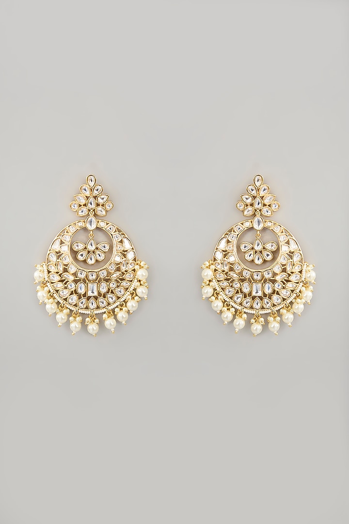 Gold Finish Kundan Polki Chandbali Earrings by Zevar By Geeta at Pernia's Pop Up Shop