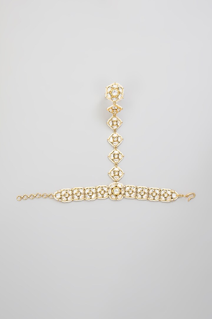 Gold Finish Kundan Polki Hathphool (Set Of 2) by Zevar By Geeta at Pernia's Pop Up Shop