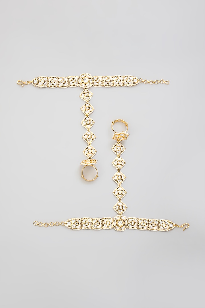 Gold Finish Kundan Polki Hathphool (Set Of 2) by Zevar By Geeta at Pernia's Pop Up Shop