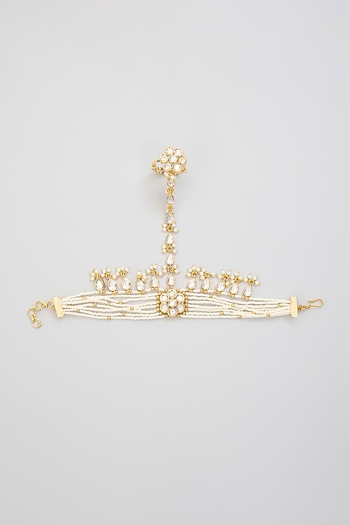 Gold Finish Kundan Polki Hathphool (Set Of 2) by Zevar By Geeta at Pernia's Pop Up Shop